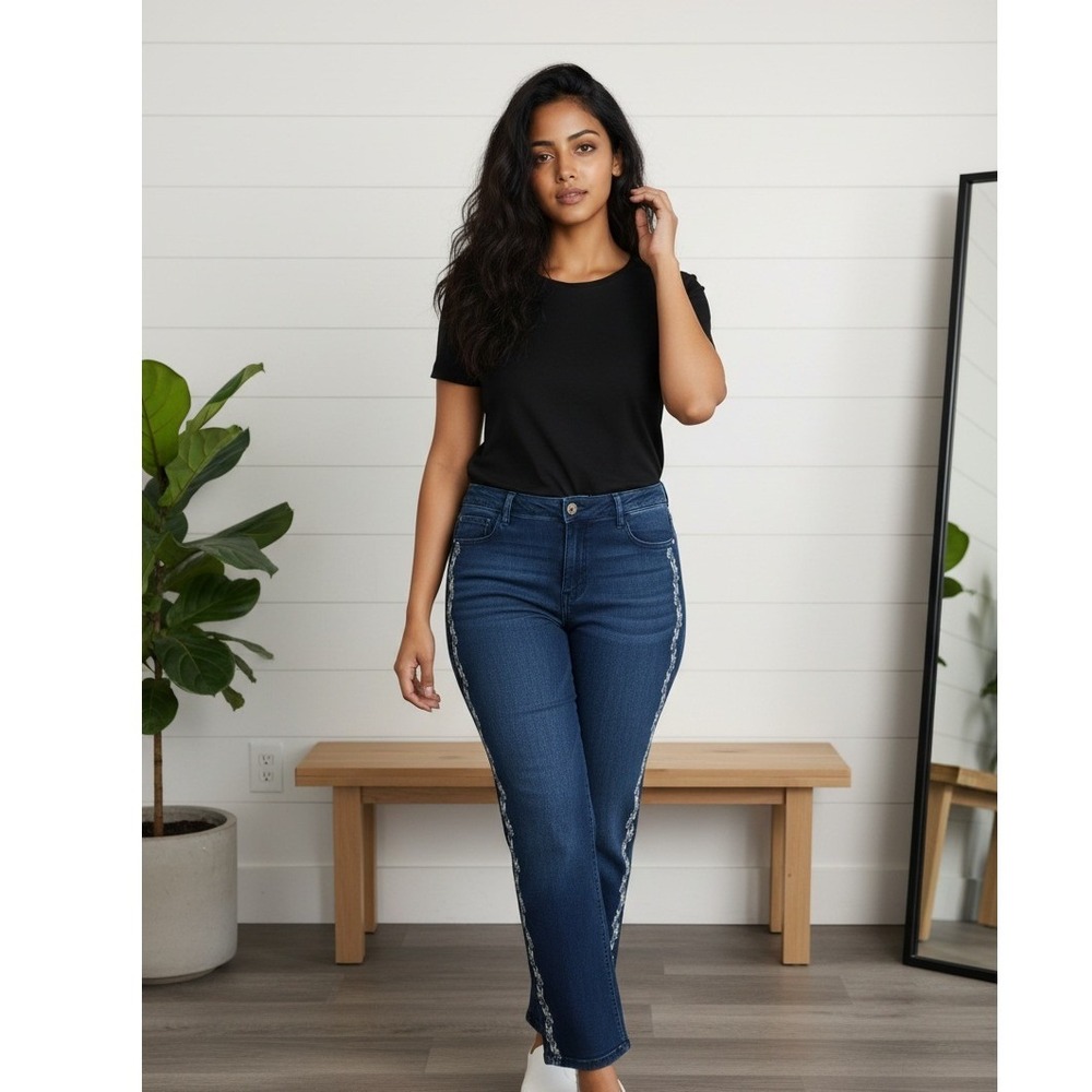 COS Jeans 20W Denim Jeans Pants‎ Women's Beaded Embroidered Dark Wash Pckts